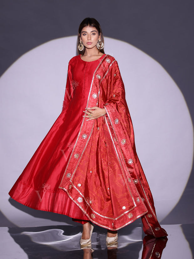 Red Vasansi Silk Anarkali Suit Set