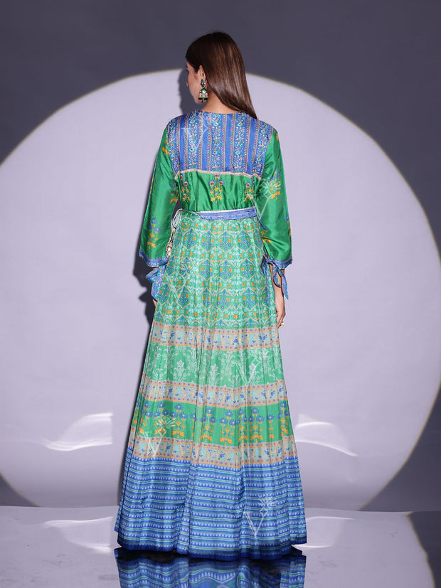 Peacock Green and Blue Vasansi Silk Printed Anarkali Gown