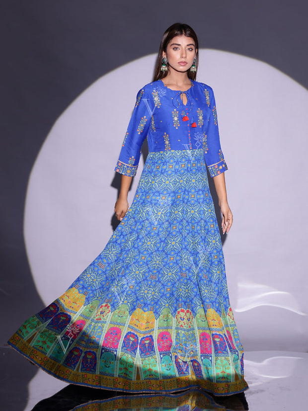 Peacock Blue Vasansi Silk Printed Anarkali Gown