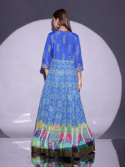 Peacock Blue Vasansi Silk Printed Anarkali Gown