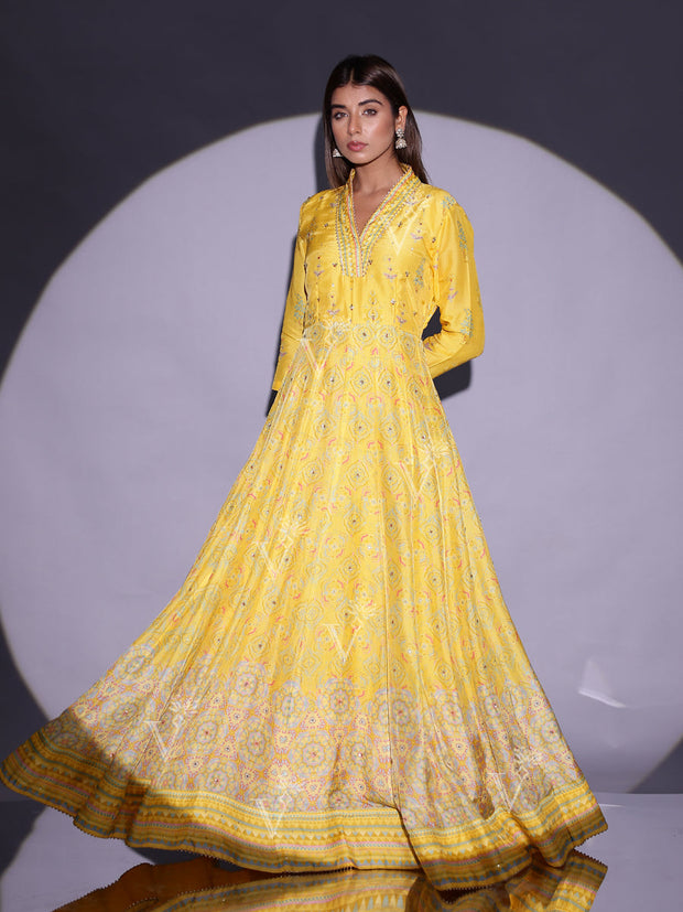 Yellow Vasansi Silk Printed Anarkali Gown