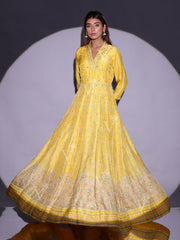 Yellow Vasansi Silk Printed Anarkali Gown