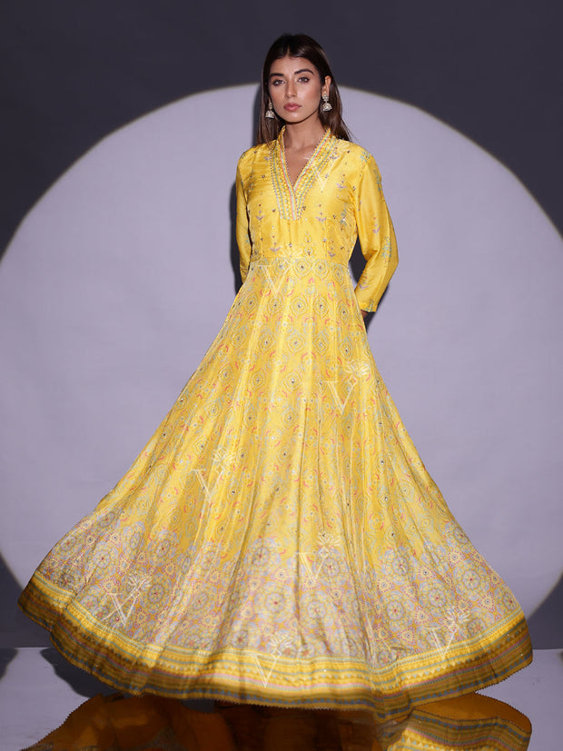 Yellow Vasansi Silk Printed Anarkali Gown