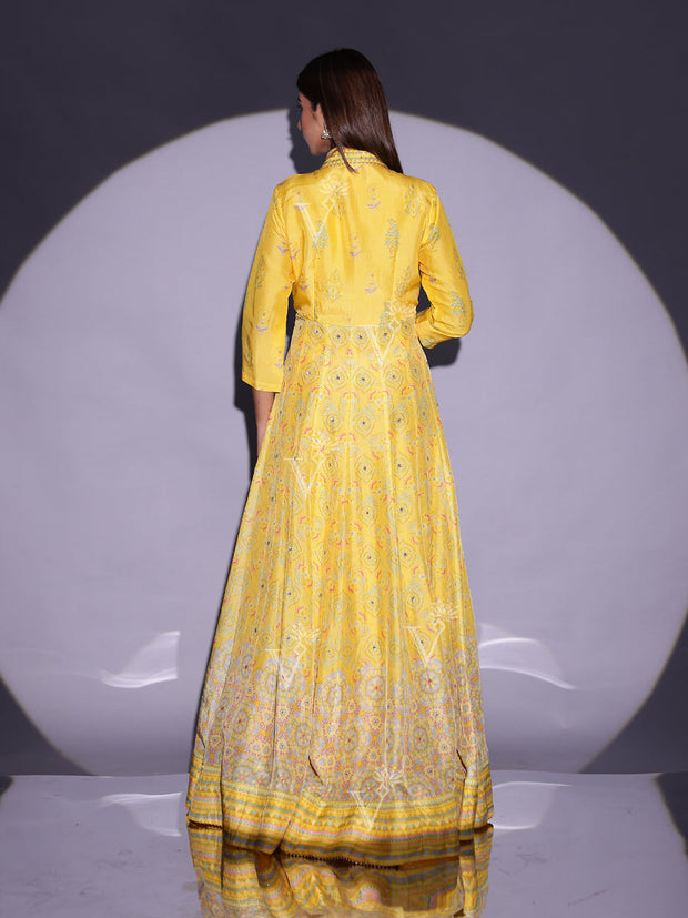 Yellow Vasansi Silk Printed Anarkali Gown