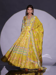 Yellow Vasansi Silk Printed Anarkali Gown