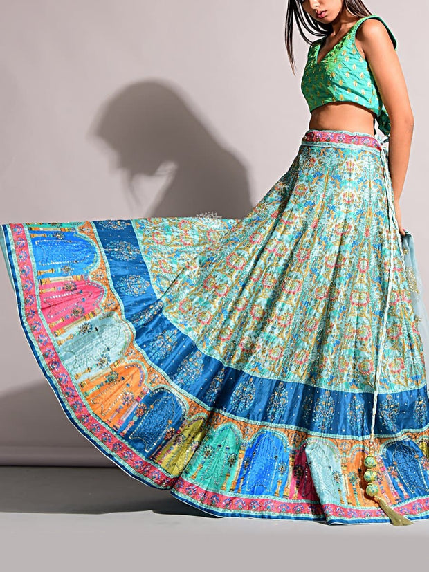 Turquoise Silk Printed Lehenga Set