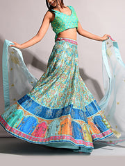 Turquoise Silk Printed Lehenga Set