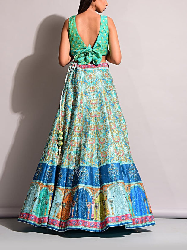 Turquoise Silk Printed Lehenga Set