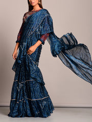 Navy Blue Bandhani Printed Pre Draped Saree