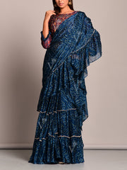 Navy Blue Bandhani Printed Pre Draped Saree