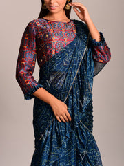 Navy Blue Bandhani Printed Pre Draped Saree