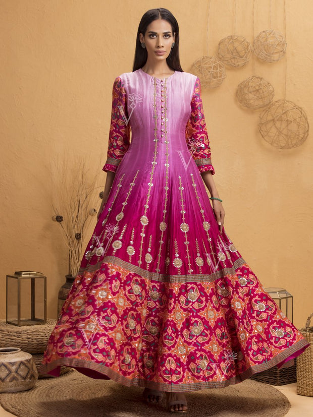 Handcrafted Pink Ombre Silk Patola Anarkali