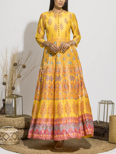 Yellow Silk Handcrafted Anarkali Gown