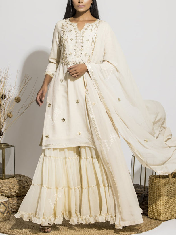 Handcrafted Off White Gota Patti Silk Sharara Set