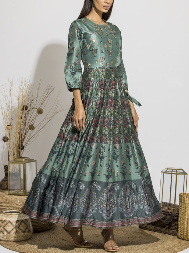 Grassy Green Silk Handcrafted Anarkali Gown