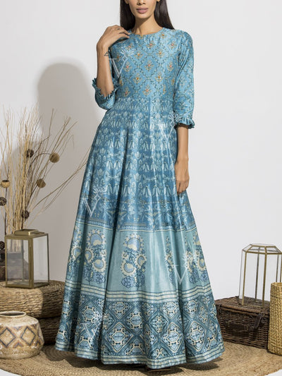 Airforce Blue Handcrafted Silk Anarkali Gown