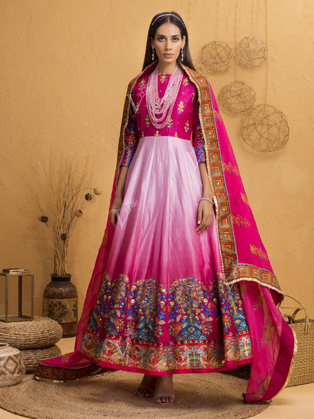 Pink Ombre Silk Anarkali Gown