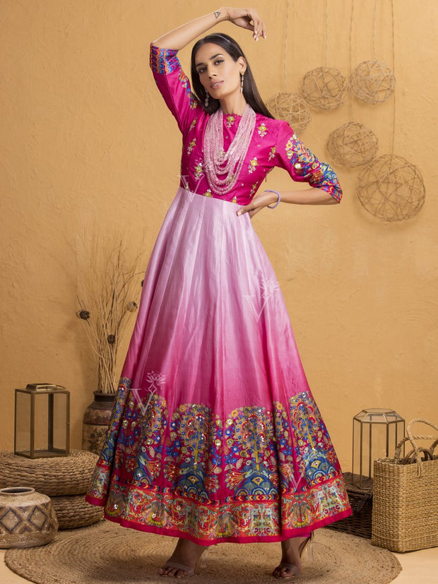 Pink Ombre Silk Anarkali Gown