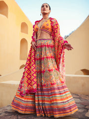 Ochre Vasansi Silk Lehenga with Ruffled Dupatta- Mimosa Dreams