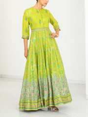 Lime Green Silk Printed Anarkali Gown