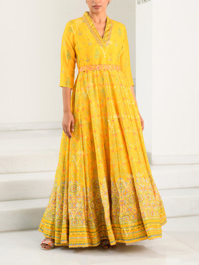 Yellow Silk Printed Anarkali Gown