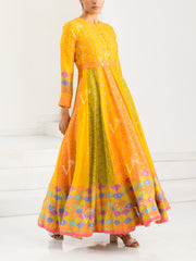 Yellow Silk Printed Anarkali Gown